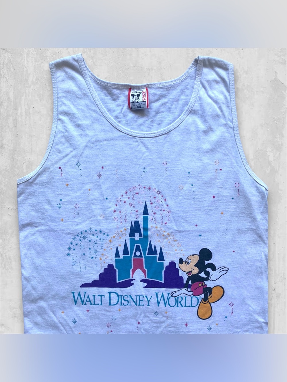 Vintage 90s Walt Disney World Mickey Mouse Tank Top Castle Fireworks Designs L